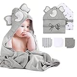 momcozy Baby Bath Towel Set, 8-Piece , 2 x Hooded Towels 76 x 76 cm and 6 x washcloths 24 x 24 cm, with Hood for Newborns, Soft and super Absorbent, Unisex, Polyester, Grau