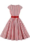 AXOE Damen 50er Jahre Kleid Rockabilly mit Gürtel Rot Gestreift Weiß Gr. 40, L