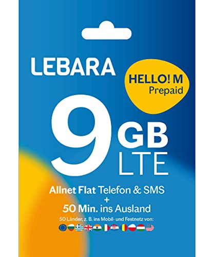 Lebara Hello! M Prepaid SIM-Karte | Handy-Tarif ohne Vertrag | inkl. Allnet Flat Minuten & SMS in alle dt. Netze + 9 GB LTE + 50 Minuten ins Ausland + EU-Roaming