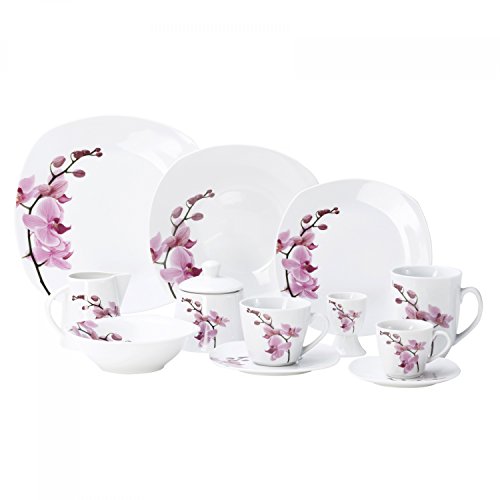 Van Well Kombiservice Kyoto 62-TLG. für 6 Personen, Tafel-Geschirr + Kaffee-Service + Zubehör, Porzellan-Geschirr, Blumen-Dekor Orchidee, rosa-pink