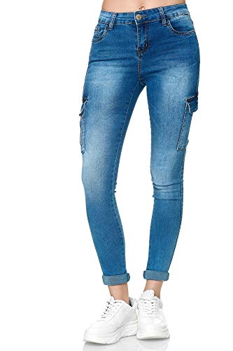 Elara Damen Cargo Jeans Slim Fit Seiten Taschen Chunkyrayan YA477 Blue-46 (3XL)