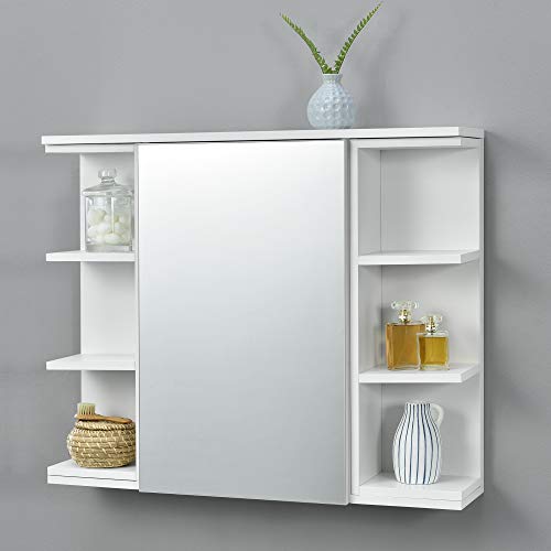 [en.casa] Badezimmer-Wandschrank 64 x 80 x 20 cm Spiegelschrank mit Tür und 3-3 Ablagen Hängeschrank Spanplatte Weiß