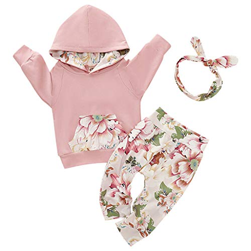 Xmiral Kleinkind Kinder Mädchen Floral Bedruckte Outfits Langarm Hoodie + Hose + Stirnband Baby Sweatshirt Kleidung Set(Rosa,0-6 Monate)