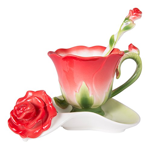 Winverty Rosentasse & Untertasse Set 150 ml Keramikbecher mit Tasse & Untertasse 3D Love Tasse & Untertasse Blumenporzellan Kaffeetasse Teetasse Emaille Exquisite kreative Form (Rot)