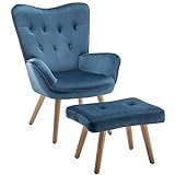 HollyHOME Sessel mit Hocker Wohnzimmerstuhl Relaxsessel, Polsterstuhl Samtstoff Akzent Stuhl mit Fußschemel Loungestuhl, Lesestuhl für Schlafzimmer, Blau