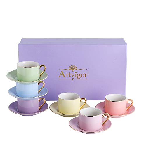 Artvigor, 12 TLG. Set Porzellan Kaffeetassen, Kaffeeservice für 6 Personen, Beinhaltet 6 Kaffeetassen 220 ml und 6 Untertassen, Bunt
