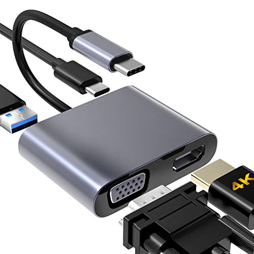 USB C auf VGA HDMI Adapter, 4 in 1 USB 3.0 Hub Typ C auf VGA HDMI 4K UHD Konverter Adapter kompatibel mit Laptops, MacBook Pro/Air/iMac, Dell HP Spectre, Samsung S8/S9, Huawei Mate 30 P30 Pro und mehr