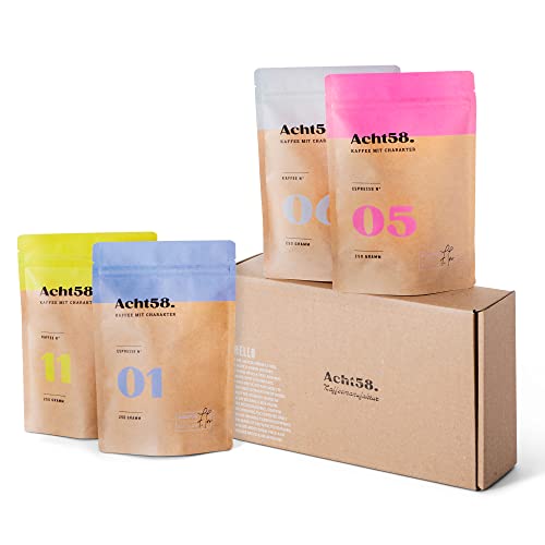 Probier-Paket von Acht58 – 4 x 250g feinste Kaffee- & Espresso-Bohnen – Perfektes Kaffee-Geschenk-Set – ganze Bohnen