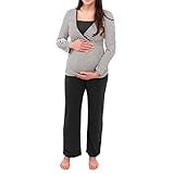 Herzmutter Stillpyjama-Umstandspyjama - Gestreifter Schlafanzug für Damen - weiche Nachtwäsche für Schwangerschaft - Stillfunktion - Langarm - 2100 (L, Weiß/D-Grau)