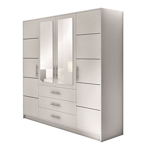 Drehtürenschrank Bado 4D, Kleiderschrank mit Spiegel, Schubladen und Spiegeltüren, Elegantes Schlafzimmer Schrank, Jugendzimmer (Weiß)