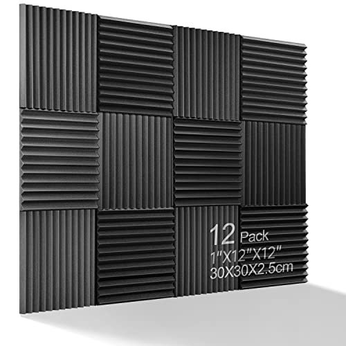 Schallabsorber Akustikschaumstoff, 12 Stück Schwarz Acoustic Foam für Podcasts, Aufnahmestudios, Büros, Home Learning, Akkustik Schaumstoffmatte（30 x 30 x 2.5 cm）