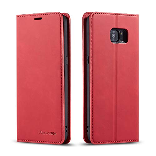 EYZUTAK Hülle für Samsung Galaxy S7, Magnetverschluss Premium PU Leder Flip Case mit Kartenfächern Brieftasche Standfuntion stoßfeste Silikonhülle Retro Ledertasche - Rot
