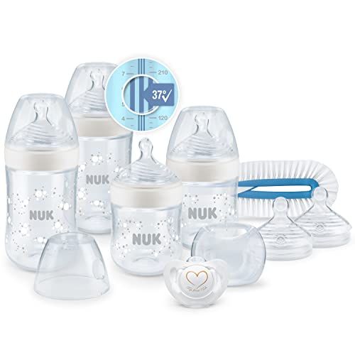 NUK Perfect Start Nature Sense Babyflaschenset | 0–18 Monate | 4 Temperature Control Flaschen, Schnuller, Flaschenbürste & mehr | Gibt gestillten Babys ein natürliches Trinkgefühl | 10 Stück