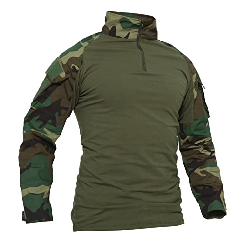 TACVASEN Camo Shirt Herren Outdoor Angeln Hemd Baumwoll Camouflage Cotton Sport T-Shirt Langarm Draussen Fishing Shirts Woodland XL,CN 3XL