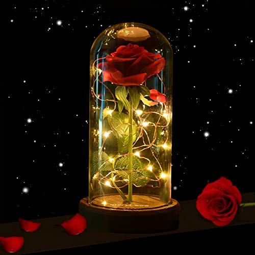 Die Schöne und das Biest Rose Muttertagsgeschenk, shirylzee Ewige Rose im Glas Rose in Glaskuppel Künstlich Blumen Rosen mit LED-Licht, Geschenk zum Muttertag Valentinstag für Mama, Freundin