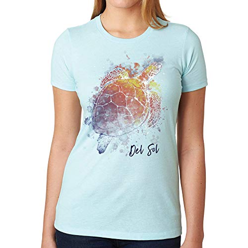 DelSol Women's Premium Crew Tee - Turtle Splash, Ice Blue T-Shirt - Changes from Blue to Vibrant Colors in The Sun - 60% Combed, Ring-Spun Cotton, 40% Polyester Jersey - Size S