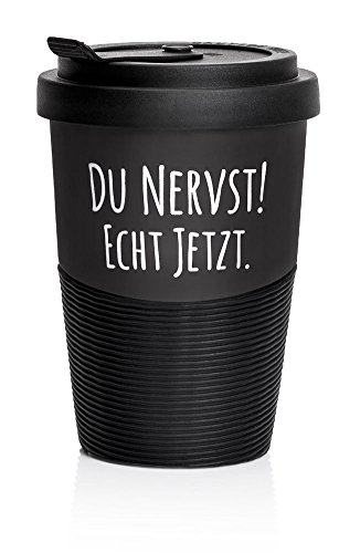 Pechkeks Kaffee Thermobecher to go Porzellan mit Deckel, Spruch 'Du nervst! Echt jetzt.', Größe 300ml, matt schwarz