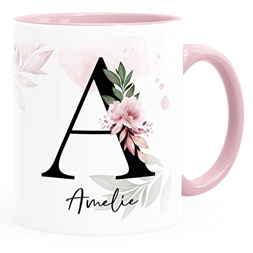 SpecialMe® Kaffee-Tasse mit Buchstabe Monogramm personalisiert mit Namen Initiale Blumen-Motiv persönliche Geschenke Blumenhintergrund rosa Keramik-Tasse
