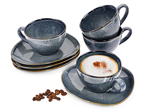 SÄNGER | Kaffeetassen Set Darwin mit Untertassen, 8-teiliges Tassen Set aus Steingut, Einzigartiges & Modernes Design | 220ml