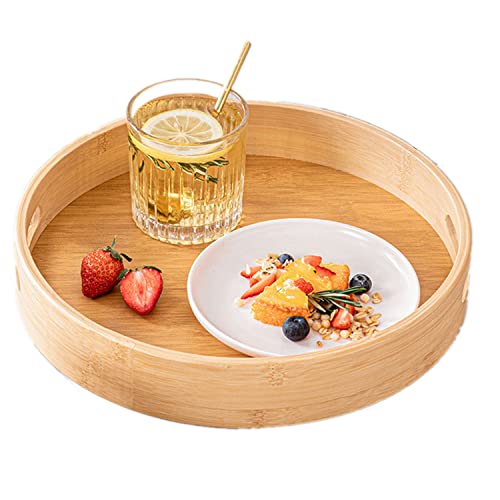 Bambus-Serviertablett, Rundes Tablett Holz mit Griffen und erhöhter Rand, Servierplatte für Lebensmittel Kaffee Wein Kaffee Tee Obst Mahlzeiten