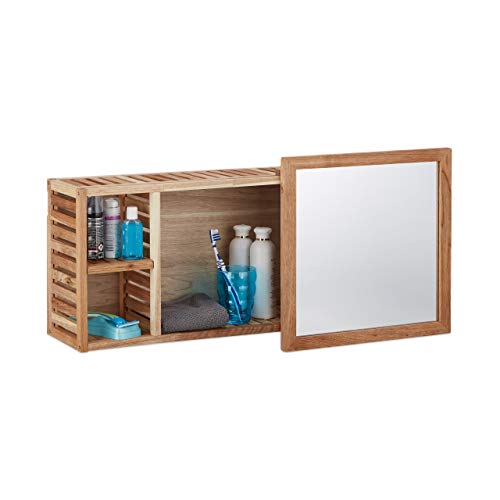 Relaxdays Wandregal mit Spiegel, Walnuss, verschiebbarer Spiegel, geöltes Holz, 80 cm breit, besonders fürs Badezimmer, natur