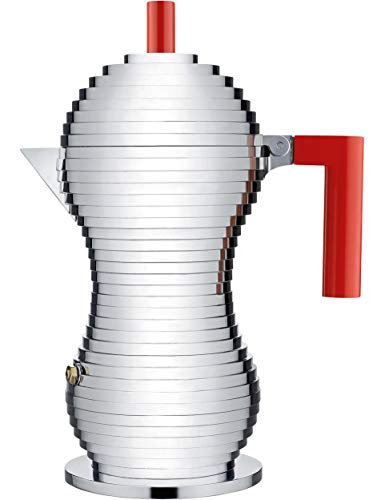 Alessi MDL02/6RFM Pulcina Espressomaschine - Gußaluminium. Griff und Knopf - PA, rot. Magnetboden - 6 Tassen