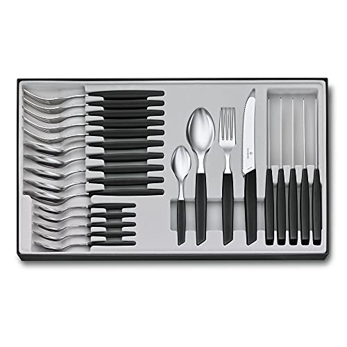 Victorinox Swiss Modern Besteck-Set für 6 Personen, 24-teilig, inkl. scharfe Messer mit Wellenschliff, Kunststoffgriffe, Schwarz