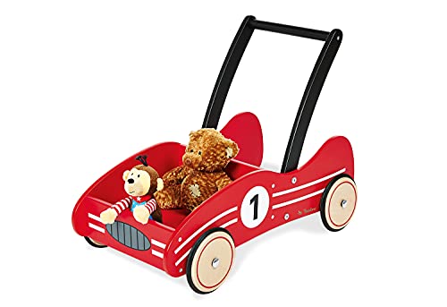 Pinolino Lauflernwagen Kimi, aus Holz, mit Bremssystem, Lauflernhilfe mit gummierten Holzrädern, für Kinder von 1 – 6 Jahren, rot