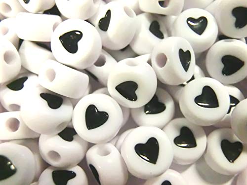 beadsvision 250 Herzperlen weiß mit schwarzem Herz rund 7mm Acryl Spacer Bastelperlen Perlen (250 Herzperlen weiß schwarz #14)