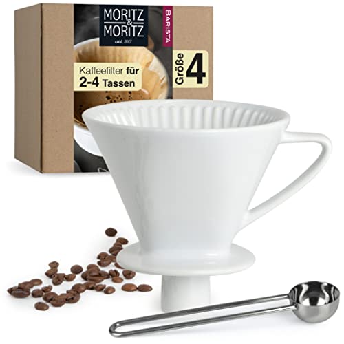 Moritz & Moritz Permanent Kaffeefilter - Handfilter Kaffee mit exzellentem aromareichem Kaffeegeschmack - Porzellan Kaffeefilter - Dauerfilter in Größe 4 für 2-4 Tassen - weiß