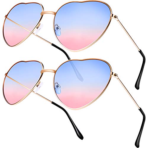 2 Paare Hippy Brille Herz Geformt Sonnenbrille for Hippie Verrücktes Kleid Zubehörteil, Rose Gold Rahmen (Gradient Blau bis Rosa Linse)