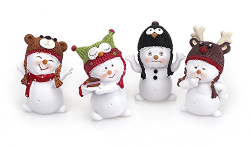TEMPELWELT 4 x Deko Figur Schneemann mit Wintermütze im Set je ca. 5,5 cm hoch, Polystein weiß mit bunten Mützen, Schneemänner Figuren Geschenkdeko Winter Weihnachten