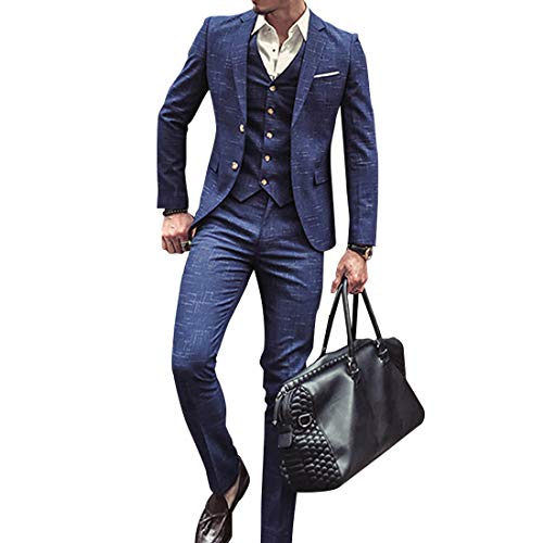 SBOYS Herren Anzug Slim Fit 3 Teilig mit Weste Sakko Anzughose Business Smoking von Harrms, L, Blau