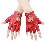 KINBOM 1 Paar Punk Handschuhe Fingerlos, Stilvolle Rot Fingerlose Handschuhe aus Leder Punk Handschuhe für Halloween Damen Mädchen Cosplay Performance