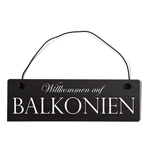 Deko Shabby Chic Schild Willkommen auf Balkonien Vintage Holz Türschild in schwarz mit Draht