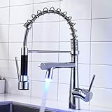 TIMACO LED Wasserhahn Küche Chrome Küchenarmatur mit Spiralfeder, 360°Schwenkbare Spültischarmaturen mit Zwei Auslauf,Wasserhahn Küchen & Brause ausziehbar- Hochdruck