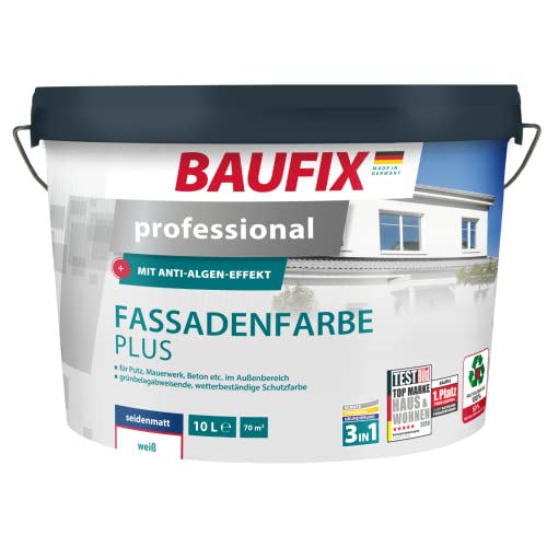 BAUFIX professional Fassadenfarbe plus, 10 Liter, atmungsaktive Fassadenfarbe weiß für außen, mit Anti-Grün-Formel, scheuerbeständig, wasserabweisend, hoch wetterbeständig