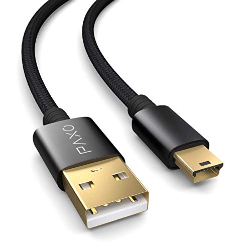 2m Nylon Mini USB Kabel schwarz, USB auf Mini USB Ladekabel, Goldstecker, geflochtenes Kabel (Braided)