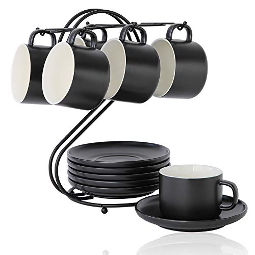 Keramik Kaffee Tassen Set (220ml) mit Untertassen und Metall Ständer, Candiicap Kaffeetassen 6er Set für Cappuccino, Latte, Espresso, Americano, Mokka, Tee(220ml,Matt Schwarz)
