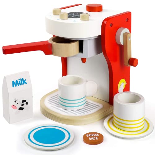 Kaffeemaschine Kinder Holz Rollenspiel Holzspielzeug Küche Haushaltsgeräte mit Tasse, Milchbox und Kaffeepad Pädagogisches Spielzeug ab 3 4 5 6 Jahren Junge Mädchen(14.3*12.3*18.5cm)
