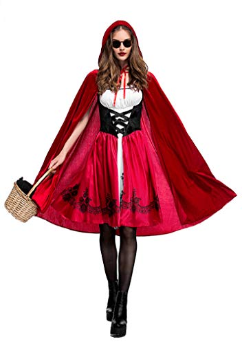 FStory&Winyee Damen Halloween Kostüm Rotkäppchen Kostüm mit Umhang, Karneval Verkleidung Party Nachtclub Kostüm Rot+schwarz+weiß, size: S