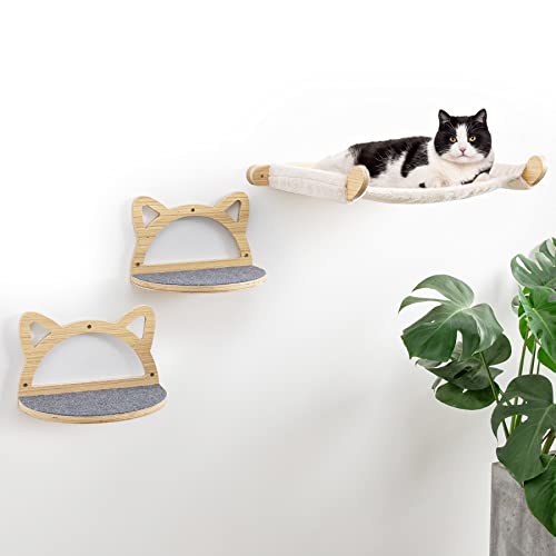 Toozey Kletterwand Katzen - XXL Katzen Hängematte - Katzentreppe mit einzigartiger Katzengesichtsform - Katzenbett Wand aus hochwertigem Holz - Maximale Belastung 15 kg - Kletterwand Set 3-Teilig