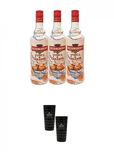 Rushkinoff Vodka & Caramello 3 x 1,0 Liter + Three Sixty black Vodka Glas 2 Stück (black)