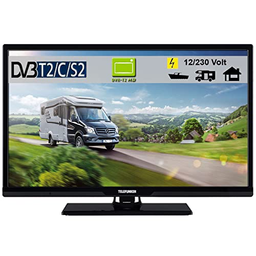 Telefunken T24X720 mobil LED Fernseher TV 24 Zoll 61 cm, WideScreen Bilschirm, DVB-C (Kabel digital) DVB-T2 (digital Terrestrisch, neuster Standard H.265) DVB-S / S2 (digital Sattelit incl. HD-Kanäle) 12/230 Volt