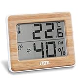ADE Digitales Thermo-Hygrometer WS1702 mit echtem Bambus. Thermometer mit präziser Anzeige der Temperatur, Hygrometer für Luftfeuchtigkeit und Komfortzonen-Indikator, LCD-Display