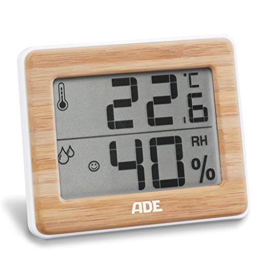 ADE Digitales Thermo-Hygrometer WS1702 mit echtem Bambus. Thermometer mit präziser Anzeige der Temperatur, Hygrometer für Luftfeuchtigkeit und Komfortzonen-Indikator, LCD-Display