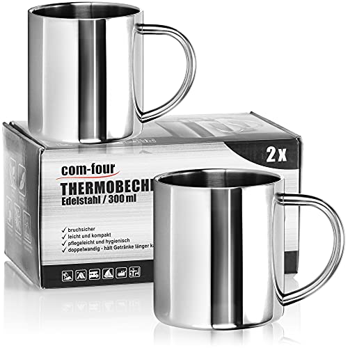 com-four® 2x Edelstahl Thermobecher - 300 ml je Becher - Isolierbecher doppelwandig - Kaffeetasse bruchsicher - Thermo-Trinkbecher - Camping Becher - Tasse - BPA-frei (300ml)