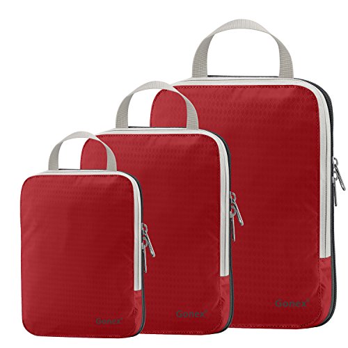 Compression Packing Cubes 3/4er Set, Gonex Kleidertaschen 4-teilig Verpackungswürfel, Kleidertaschen Set, Kofferorganizer Reise Würfel, Rot(3er), groß