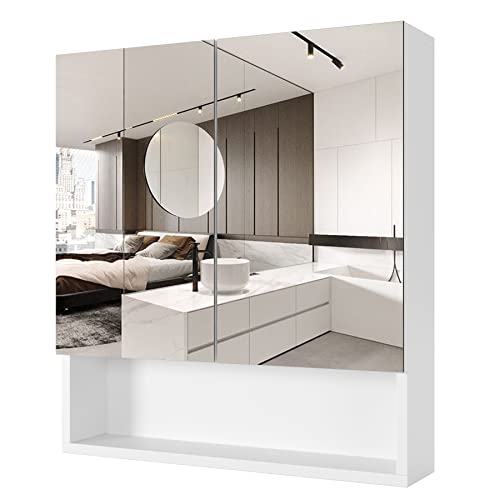Spiegelschrank mit Ablage Badezimmerspiegel Hängeschrank Wandspiegel mit Schrank mit höhenverstellbarer Regalebene Weiß  58x53x13cm
