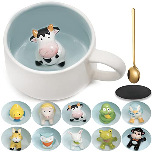 Arawat Kuh Tasse Geschenk 3D Tier Tasse Lustige Kaffeetasse 350 ml Teetasse mit Löffel & Untersetzer Keramik Kaffeebecher Geburtstagsgeschenk für Freund Tante Oma Cute Kaffee Tee Tasse mit Kuh Innen